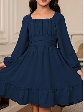 Girls Navy Square Neck Long Sleeve Dress